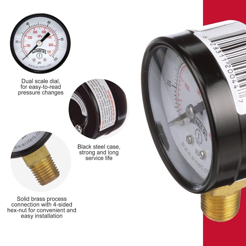 Winters Instruments Winters 2 inch Dial Size, Multi Function Economy Utility Dry Pressure Gauge, Brass Internals, Black Steel Case, Dual Scale 0-100 psi/kPa, 3-2-3% Accuracy, 1/4 inch NPT Bottom Mount, Pressure Gauge - Image 4